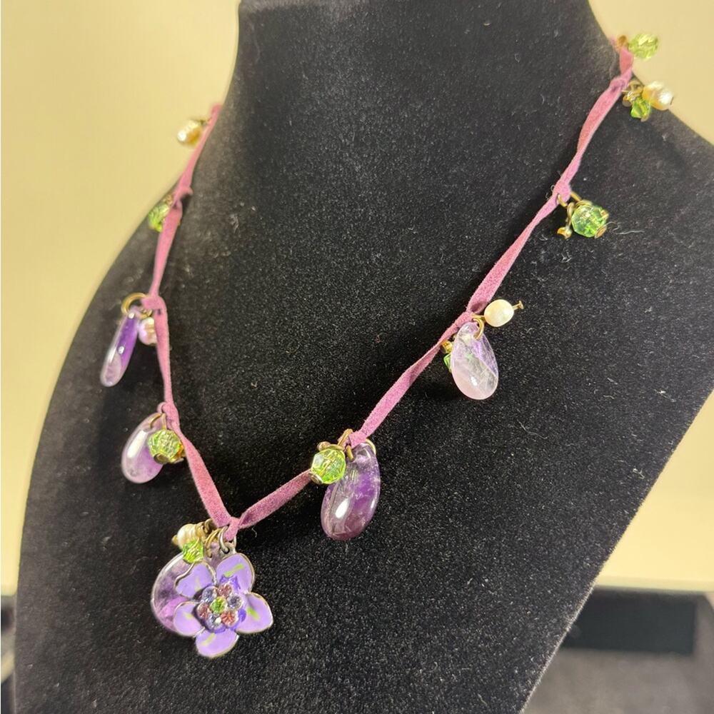 JS marked Purple Pansy Enameled Floral Cottagecore Choker Necklace Leather